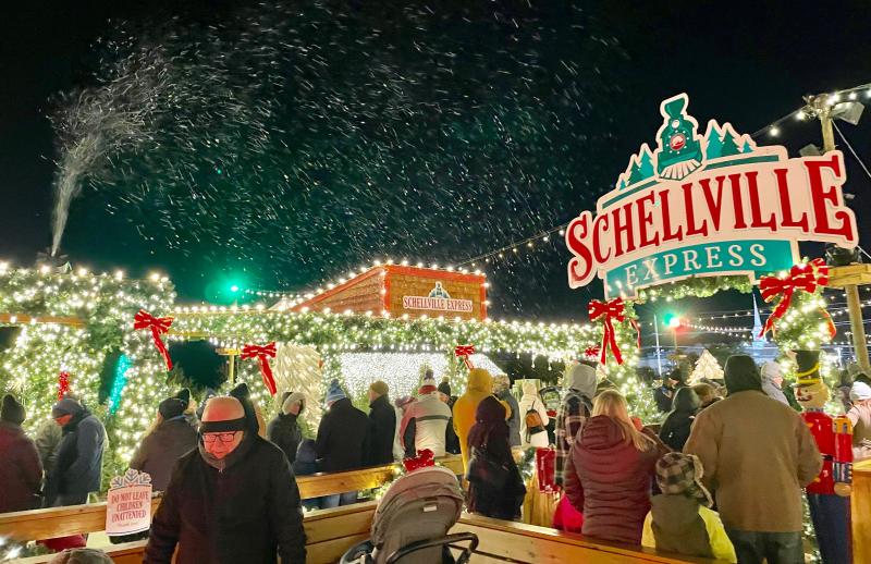 Snow blows over the Schellville Express during opening weekend of the popular holiday village. Presented by Schell Brothers, the 2022 venue has increased in size by 50 percent.
